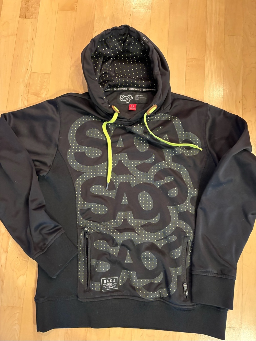 Men’s Saga Triple Stack Riding Pullover Black Hoodie with Neon Green Drawstrings